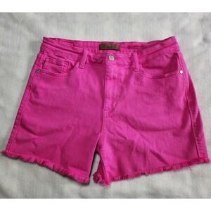 Judy Blue XL Hot Pink High Rise Frayed Hem Shorts Denim Stretchy Fringe Cutoff